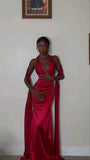 Sexy Mermaid V Neck Red Satin Prom Dress 22th Birthday Outfits HZ1023