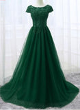 Elegant Cap Sleeve Lace Applique Tulle Party Dress Prom Gowns HZ1023