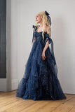 Star Sequin Navy Blue A Line Straps Layered Tulle Date Dress Prom Dress Evening Dress HZ1023