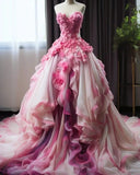 Gorgeous A Line Sweetheart Neck 3D Flower Pink Chiffon Prom Dress Evening Dress HZ1023