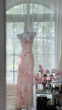 Flowy Elegant Pink Print Floral Beaded Chiffon Evening Dress Party Dress HZ1023