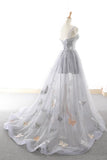 Gray A Line Sweetheart Appliques Tulle Long Prom Dress Evening Dress HZ1023