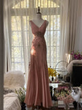Elegant Mermaid V Neck Beaded Pink Chiffon Party Dress Evening Dress HZ1023