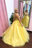 Yellow tulle lace long prom dress yellow evening dress HZ1023