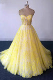 Yellow Lace Sweetheart Long Graduation Dress, A Line Prom Dress For Teens HZ1023