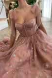 Sparkly Stars Tulle Blush Pink Prom Dresse Shiny Princess Evening Dress With Straps HZ1023