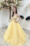 Yellow tulle lace long prom dress A line evening dress HZ1023