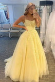 Yellow lace long A line prom dress evening dress HZ1023