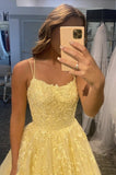 Yellow lace long A line prom dress evening dress HZ1023