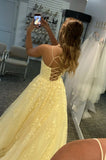 Yellow lace long A line prom dress evening dress HZ1023