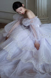 Gentle A Line Long Sleeve Sequin Tiered Purple Tulle Long Party Dress Evening Dress HZ1023