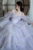 Gentle A Line Long Sleeve Sequin Tiered Purple Tulle Long Party Dress Evening Dress HZ1023