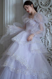 Gentle A Line Long Sleeve Sequin Tiered Purple Tulle Long Party Dress Evening Dress HZ1023