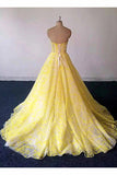Yellow Lace Sweetheart Long Graduation Dress, A Line Prom Dress For Teens HZ1023