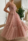 Sparkly Stars Tulle Blush Pink Prom Dresse Shiny Princess Evening Dress With Straps HZ1023