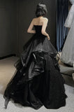 Charming A Line Sweetheart Neck Ruffle Sequin Black Tulle Long Party Dress Evening Dress HZ1023