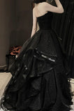 Charming A Line Sweetheart Neck Ruffle Sequin Black Tulle Long Party Dress Evening Dress HZ1023