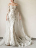 Stunning White Pearl Mermaid Long Sleeve Sequin Tulle Evening Dress Party Dress Wedding Dress HZ1023