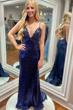 Navy Blue Mermaid V-Neck Lace-Up Sequin Long Prom Dress Evening Dress HZ1023