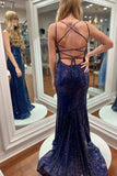 Navy Blue Mermaid V-Neck Lace-Up Sequin Long Prom Dress Evening Dress HZ1023