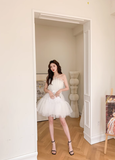 White A Line Strapless Tulle Short Outfit Party Dress Homecoming Dress Birthday Dress HZ1023