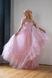 Star Sequin Pink A Line Straps Layered Tulle Date Dress Prom Dress Evening Dress HZ1023