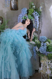 Princess Ball Gown Strapless Tiered Flower Blue Tulle Party Dress Birthday Dress HZ1023