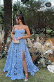 Blue Strapless Slit Prom Dresses With Appliques HZ1023