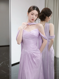 Gentle Purple A Line Off the Shoulder Pleated Satin Prom Dress Evening Dress HZ1023