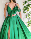 Green Satin Flower Prom Dresses High Split Side Cold Shoulder Appliques Formal Evening Party Gowns HZ1023