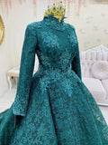 Teal Green Lace Appliques Muslim Prom Dress High Neck Long Sleeve Dubai Kaftan Saudi Arabic Evening Formal Party Gown HZ1023