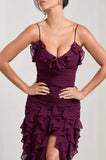 Burgundy Brick Sheath Spaghetti Straps Layered Chiffon Long Prom Dress Evening Dress with Slit HZ1023