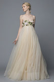 Princess A Line Strapless Floral Apricot Tulle Prom Dress Evening Dress HZ1023
