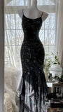 Charming Mermaid Spaghetti Strap Beaded Black Chiffon Prom Dress Evening Dress HZ1023