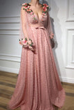 3D Flowers Long Sleeve Pink Prom Dresses Pearl Beaded V Neck Formal Dress HZ1023