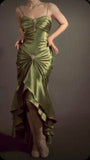 Retro Green Mermaid Spaghetti Strap Beaded Satin Prom Dress Evening Dress HZ1023
