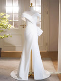 Simple White Off the Shoulder Satin Long Prom Dress Formal Dress with Slit HZ1023