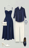 Navy Blue A Line Spaghetti Strap Satin Prom Dress Outfits with Slit HZ1023