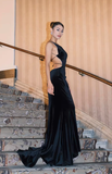 Black Mermaid Velvet Open Back Long Prom Dress Wedding Guest Dress HZ1023
