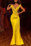Yellow African Evening Dresses Pleats Knoted Mermaid Prom Gowns V Neck Short Sleeve Ruffles HZ1023