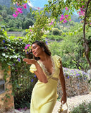Yellow A Line V Neck Lace Satin Evening Dress Outfits HZ1023