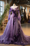 Charming A Line Long Sleeve Purple 3D Flower Lace Tulle Prom Dress Evening Dress HZ1023