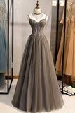 Grey Tulle Long Banquet Party Dress Sweetheart A Line Custom Size Prom Dress HZ1023