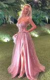 Sweetheart neck Pink High Slit Prom Dress with Sequins, Long Prom Dresses, Evening Gown HZ1023