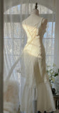 Romantic Mermaid V Neck Beaded White Chiffon Long Party Dress Evening Dress HZ1023