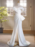 Simple White Off the Shoulder Satin Long Prom Dress Formal Dress with Slit HZ1023