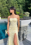 Pastel Yellow Sheath Strapless Applique Tulle Long Prom Dress With Side Slit HZ1023