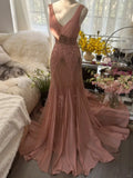 Elegant Mermaid V Neck Beaded Pink Chiffon Party Dress Evening Dress HZ1023