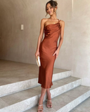 Simple Sheath One Shoulder Pleated Green Satin Bridesmaid Dress Evening Dress HZ1023