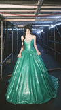 Gorgeous A Line Strapless Green Sequin Long Sweep Party Dress Evening Dress HZ1023